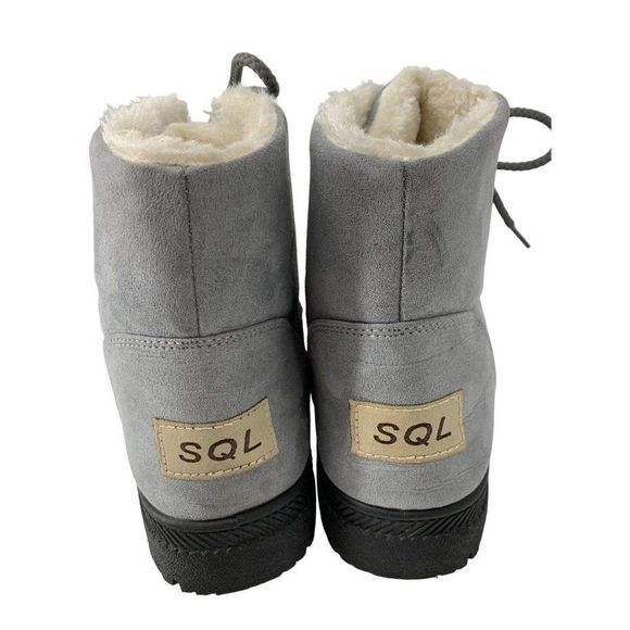 Womens SQL 9 Booties Boots Gray Faux Suede Lace Up Ankle Treaded Fur Lined 4037 - Picture 2 of 7